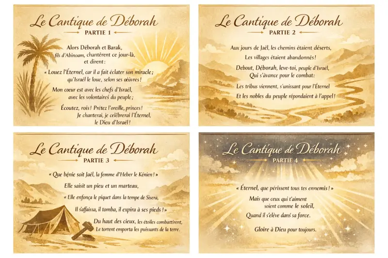 Le Cantique de Déborah en quatre parties illustrées, chant de victoire et de relecture de l’action de Dieu dans la Bible
