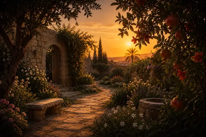 Jardin au crépuscule inspiré du Cantique des cantiques dans la Bible, symbole du désir, de la quête de l’être aimé et de la recherche spirituelle de Dieu.