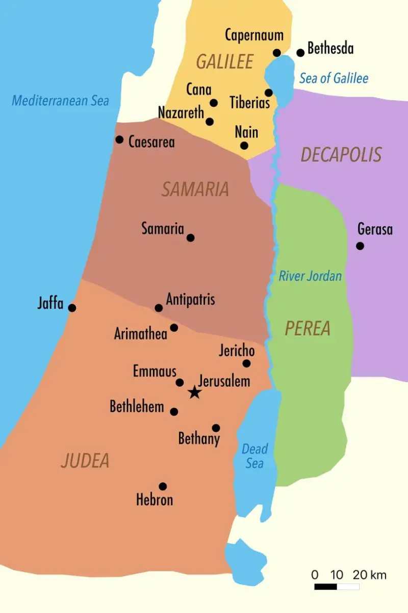 Carte des principales régions d’Israël au temps de Jésus : Judée, Galilée et Samarie