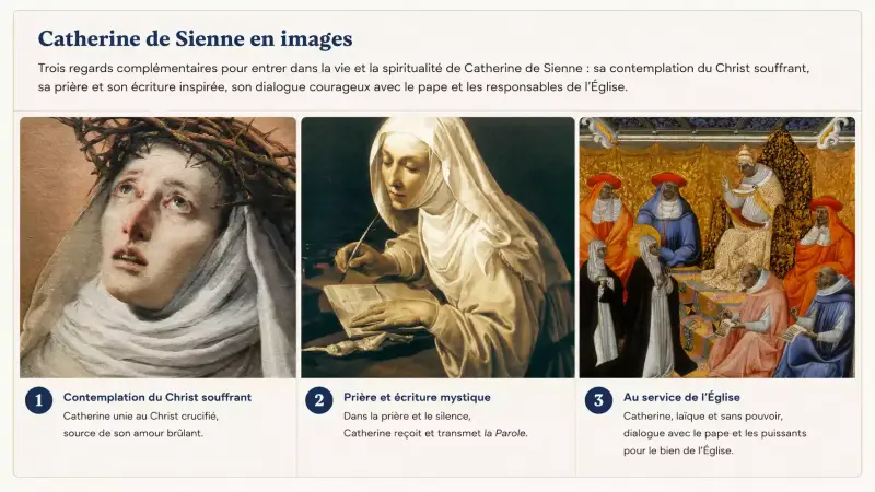 Panneau d’images représentant sainte Catherine de Sienne en prière, écrivant et dialoguant avec le pape