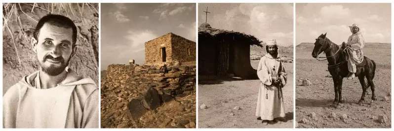 Montage de quatre images autour de Charles de Foucauld : portrait du frère missionnaire, ermitage dans le désert, scène de vie au Sahara et cavalier dans les paysages désertiques