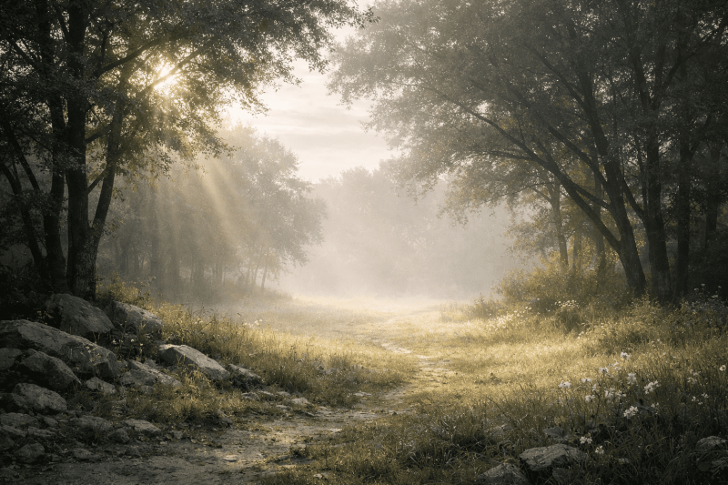 Clairière au petit matin avec lumière douce filtrant entre les arbres et chemin discret, évoquant l’ouverture intérieure et la recherche de Dieu.