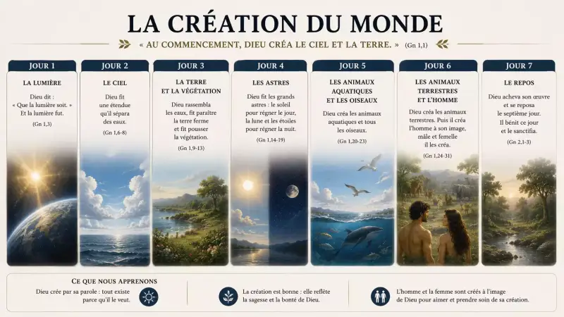 Infographie de la création du monde en sept jours selon le livre de la Genèse