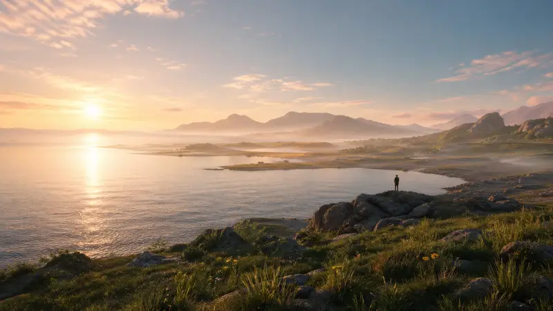 Création du monde dans la Bible illustrée par un paysage lumineux à l’aube, symbole d’un monde voulu par Dieu