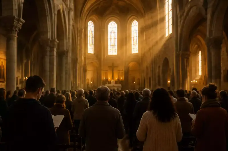 Assemblée chrétienne recueillie dans une grande église lors de la profession du Credo, symbole de la foi chrétienne transmise par l’Église.