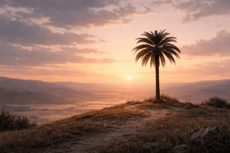 Paysage paisible avec un palmier au coucher du soleil, évoquant Déborah et la paix retrouvée dans la Bible