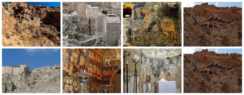 Monastère chrétien de Deir Mar Musa en Syrie avec églises dans la montagne et fresques anciennes