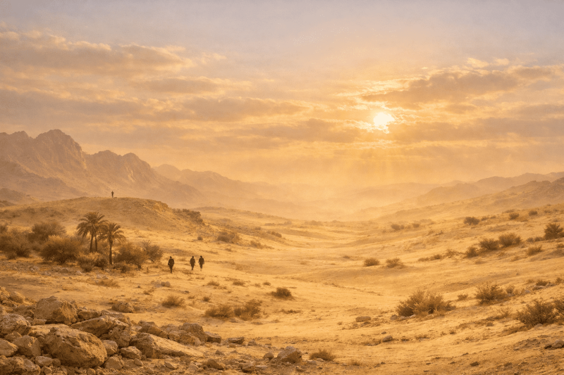 Paysage méditatif du désert biblique mêlant Sinaï et Judée, sous une lumière douce de fin d’après‑midi, évoquant l’épreuve et la rencontre avec Dieu.