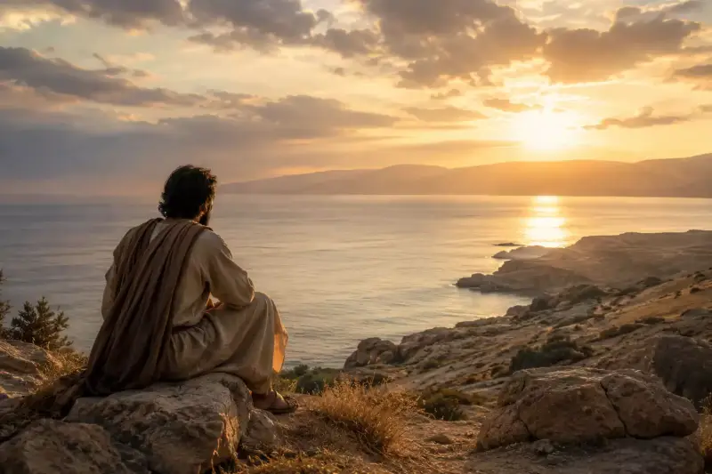 Qohélet assis face à la mer dans un paysage de l’Ancien Testament au coucher du soleil, image contemplative sur le temps, la fragilité humaine et la quête de sens.