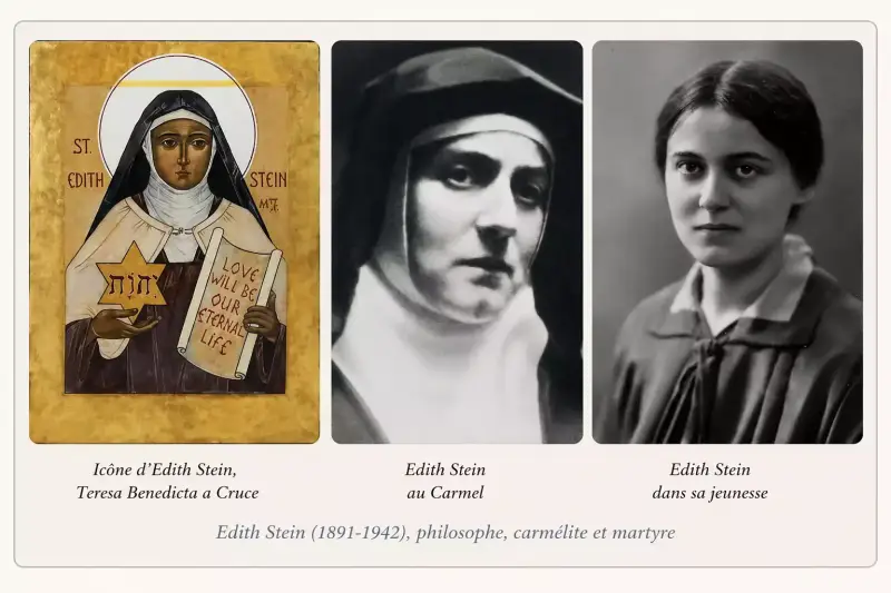 anneau de trois images représentant Edith Stein dans sa jeunesse, au Carmel et en iconographie religieuse, illustrant son chemin de la quête de vérité à l’offrande spirituelle