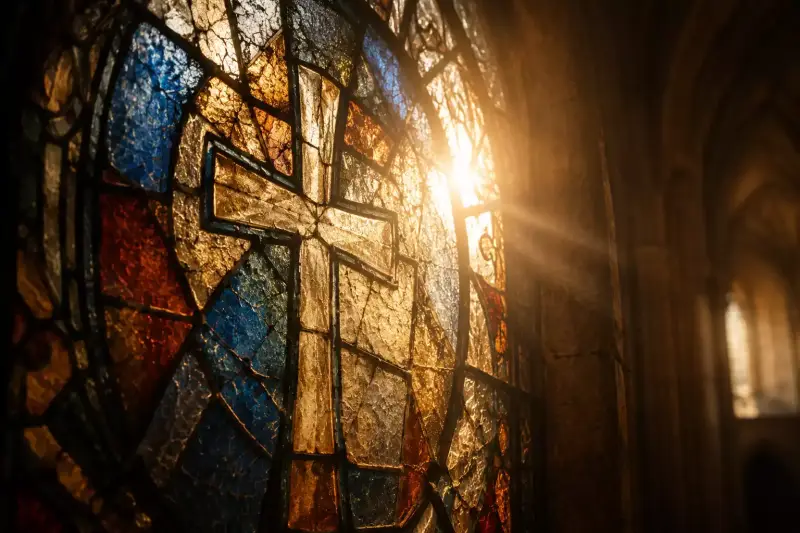 Vitrail ancien fissuré traversé par une lumière intense dans une église, symbole de l’Église chrétienne fragile humainement mais portée par la lumière du Christ.