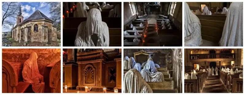 Église Saint-Georges de Luková en République tchèque avec installation artistique de silhouettes fantomatiques dans la nef