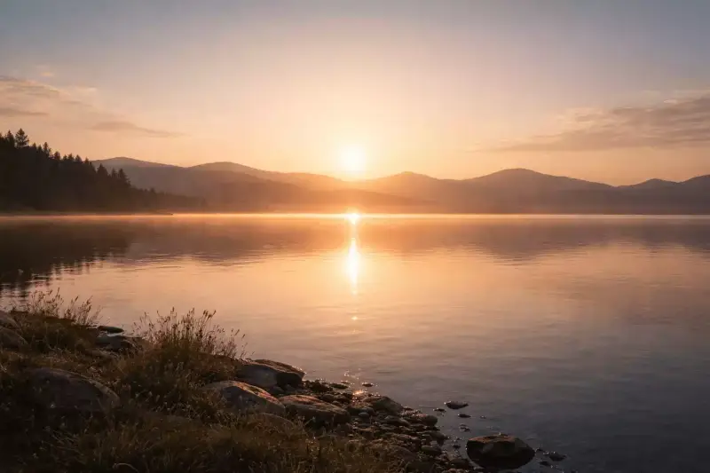 Lever de soleil sur un lac paisible, symbolisant la paix intérieure et la joie en Christ dans l’épître aux Philippiens