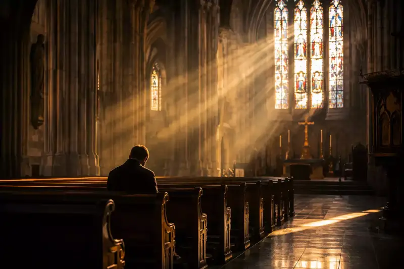 Une personne en prière silencieuse dans une grande église baignée de lumière, symbole de la présence de l’Esprit Saint dans la vie chrétienne.