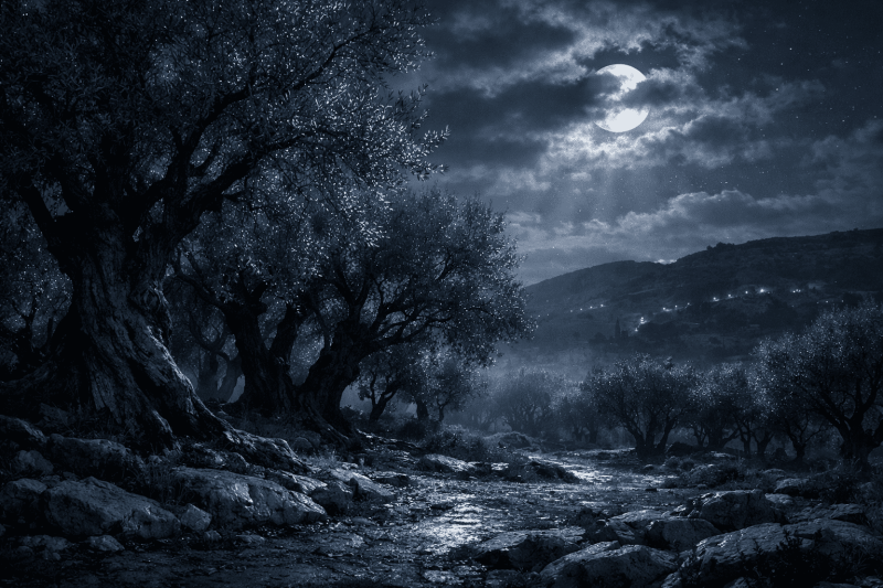 Vue nocturne du jardin de Gethsémani sous une lune partiellement voilée, avec oliviers centenaires et lumière argentée froide, évoquant la solitude et la prière du Christ avant la Passion.