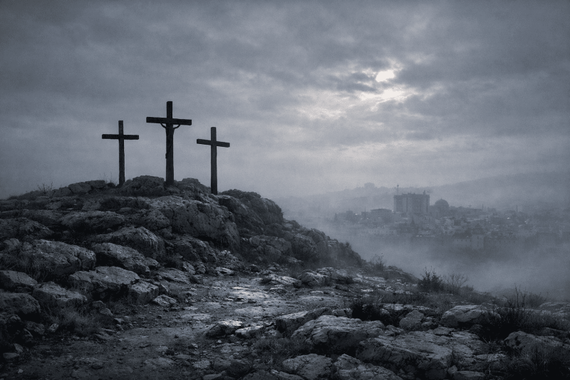 Vue du Golgotha sous une lumière grise et diffuse, avec brume basse enveloppant la colline et trois croix silhouettées, évoquant la gravité et le silence de la Passion du Christ.