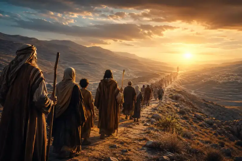 Représentation symbolique de l’histoire du salut dans la Bible : une humanité en marche à travers les siècles vers la lumière du Christ.