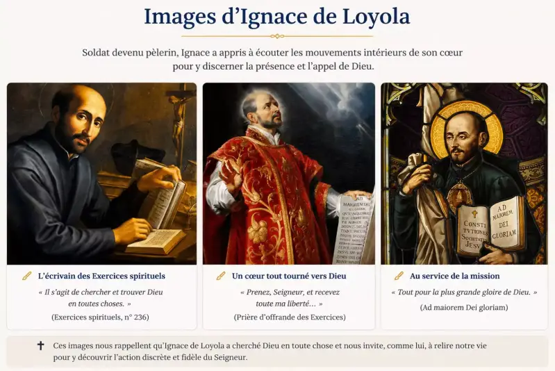 Panneau d’images représentant saint Ignace de Loyola en prière, en contemplation et comme fondateur des jésuites