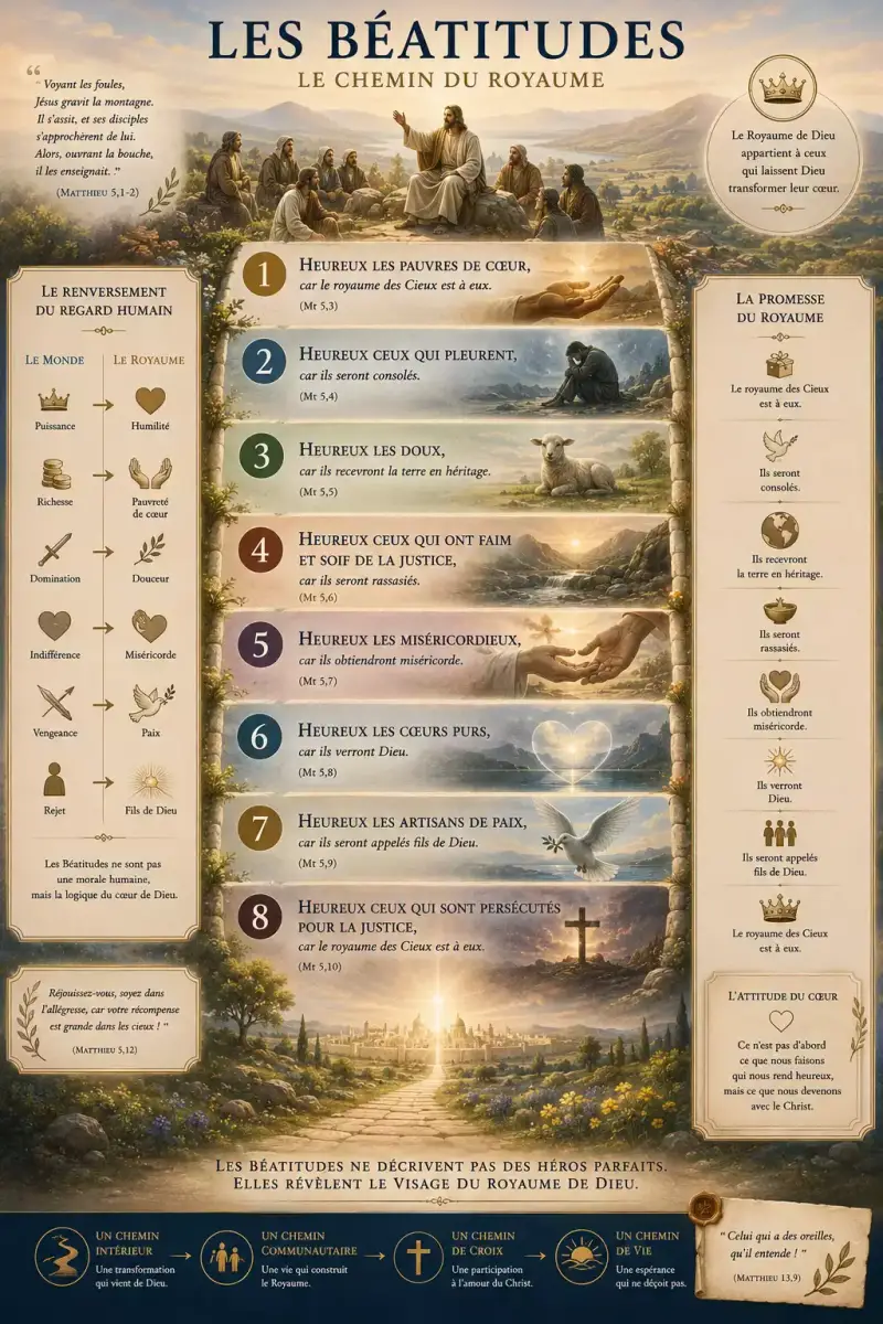 Infographie des Béatitudes dans le Sermon sur la montagne présentant les huit Béatitudes de Jésus et le chemin du Royaume de Dieu dans l’Évangile selon Matthieu.