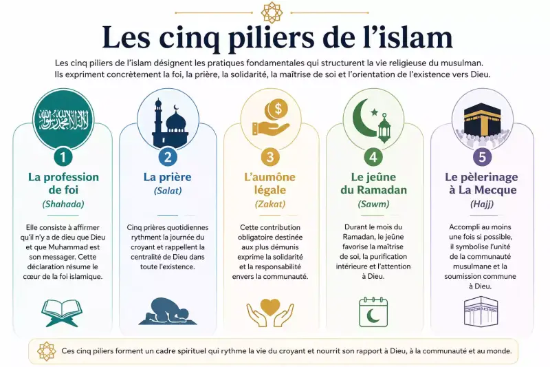 Infographie présentant les cinq piliers de l’islam : profession de foi, prière, aumône, jeûne du Ramadan et pèlerinage à La Mecque.