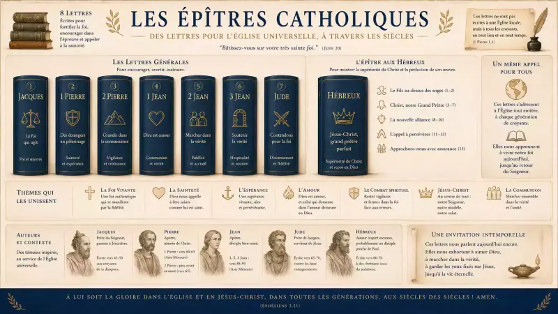 Infographie des épîtres catholiques du Nouveau Testament avec Jacques, Pierre, Jean, Jude et Hébreux, autour de la foi chrétienne et de l’Église universelle.