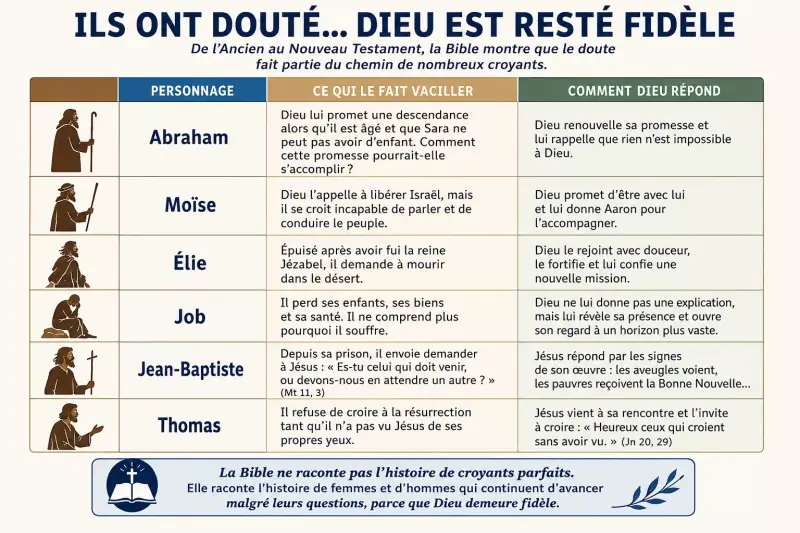 Infographie présentant plusieurs personnages bibliques (Abraham, Moïse, Élie, Job, Jean-Baptiste et Thomas), les moments où ils ont douté et la manière dont Dieu les a accompagnés à travers ces épreuves.