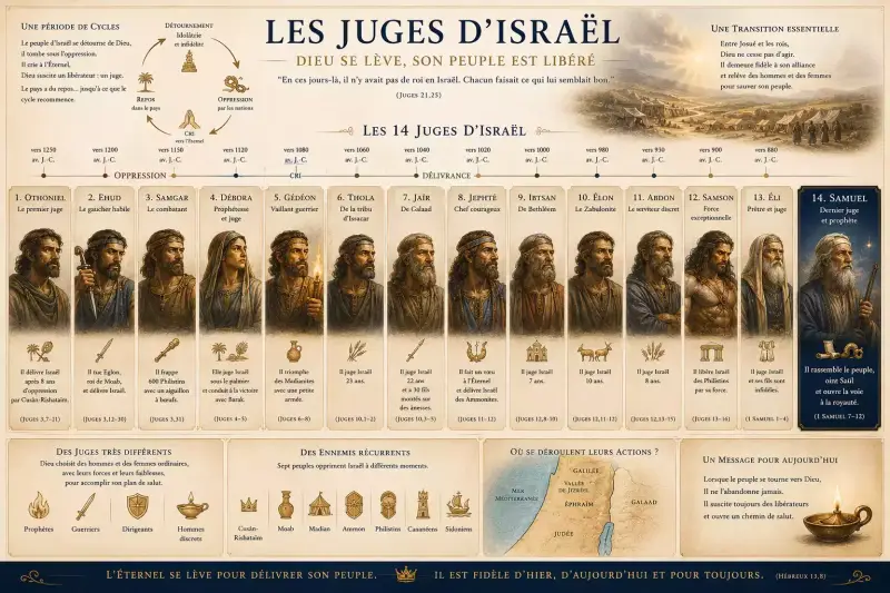 Infographie des juges d’Israël présentant Othoniel, Débora, Gédéon, Samson, Éli et Samuel dans l’histoire de l’Ancien Testament.