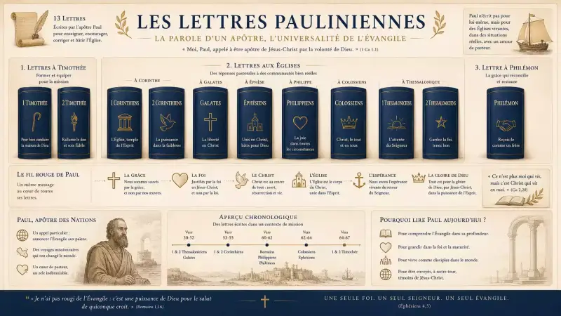 Infographie des lettres de saint Paul présentant les épîtres pauliniennes du Nouveau Testament et leurs grands thèmes théologiques.