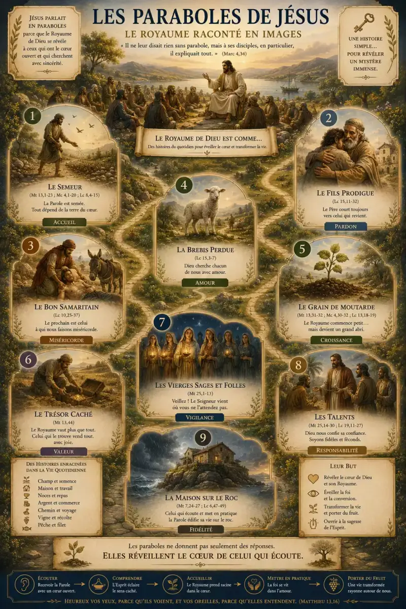 Infographie des paraboles de Jésus présentant le semeur, le fils prodigue, le bon samaritain et les grandes paraboles du Royaume dans les Évangiles.