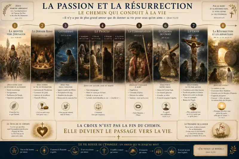 Infographie de la Passion et de la Résurrection de Jésus-Christ présentant la montée vers Jérusalem, le procès, la condamnation, le chemin de croix et le tombeau vide dans les Évangiles.