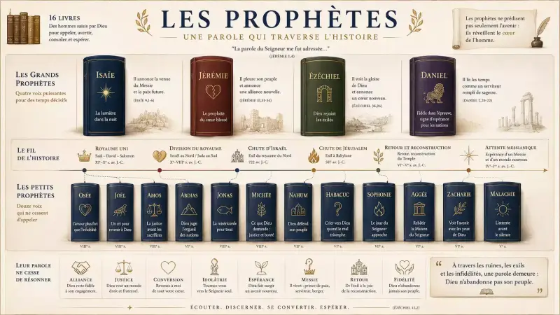 Infographie des prophètes de la Bible présentant les grands et petits prophètes de l’Ancien Testament, leur contexte historique et leurs grands thèmes spirituels.