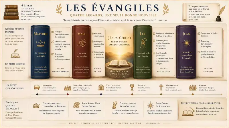 Infographie des quatre Évangiles présentant Matthieu, Marc, Luc et Jean, leurs thèmes principaux et leur annonce de Jésus-Christ.
