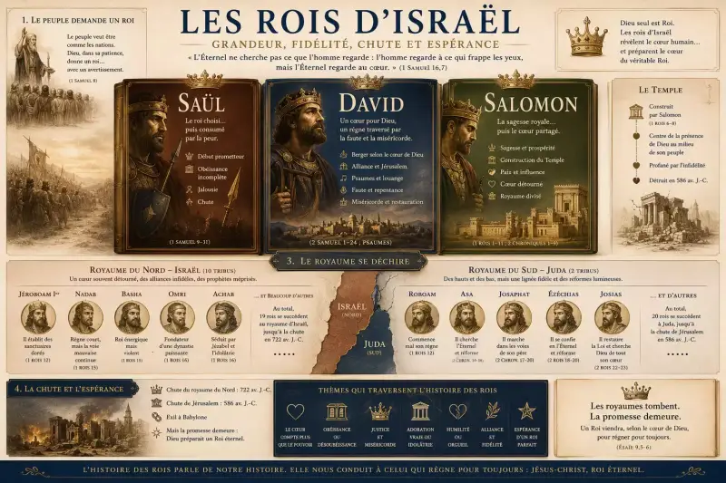 Infographie des rois d’Israël présentant Saül, David, Salomon et les royaumes d’Israël et de Juda dans l’histoire biblique.