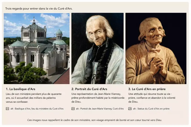 Panneau de trois images représentant la basilique d’Ars, Jean-Marie Vianney en portrait et le Curé d’Ars en prière, illustrant son ministère de miséricorde et de conversion