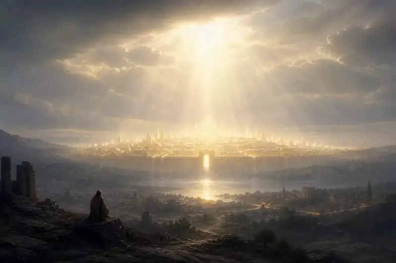 Jérusalem céleste lumineuse inspirée de l’Apocalypse selon saint Jean, symbole d’espérance, de vie éternelle et de présence de Dieu dans le dernier livre de la Bible