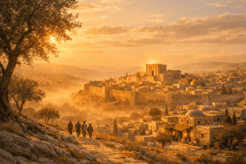 Vue de Jérusalem au temps du Christ depuis le mont des Oliviers, au lever du jour, avec une lumière dorée et une brume matinale légère sur la vallée du Cédron, évoquant la ville sainte de la Passion et de la Résurrection.