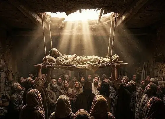 Paralytique descendu par le toit devant Jésus, scène de guérison et de foi dans l’Évangile