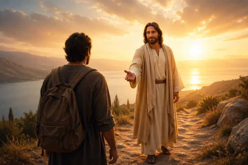 Jésus tend la main à un homme en chemin, image de la rencontre et de l’appel à le suivre dans la foi chrétienne