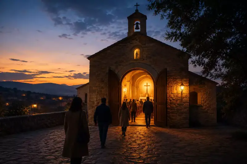 Petite église éclairée dans la nuit avec des silhouettes entrant dans la lumière, illustration contemplative du Christ venu partager la vie des hommes et ouvrir un chemin vers Dieu.