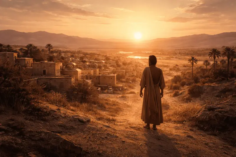 Joseph en Égypte contemplant la ville au coucher du soleil, symbole de la providence dans la Bible