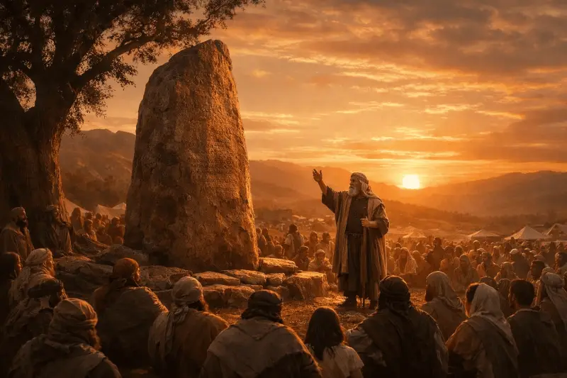 Josué rassemblant le peuple à Sichem pour appeler à choisir de servir Dieu dans la Bible