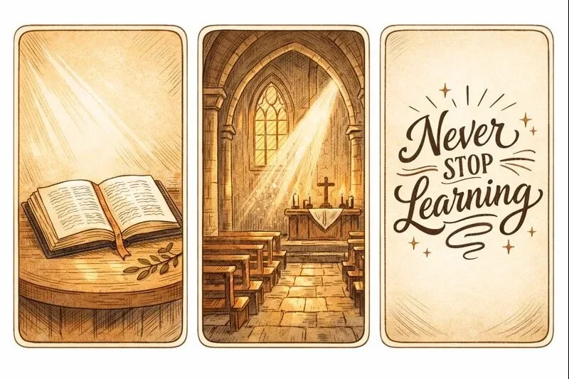 Lecture de la Bible dans une église, chemin de foi chrétienne et recherche spirituelle