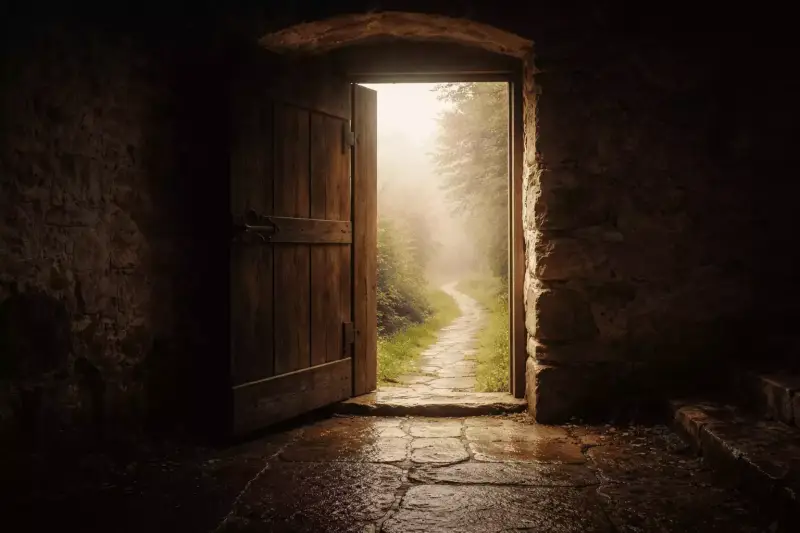 Une porte ouverte laisse entrer la lumière sur un chemin de pierre, symbole du chemin vivant que le Christ ouvre vers Dieu.
