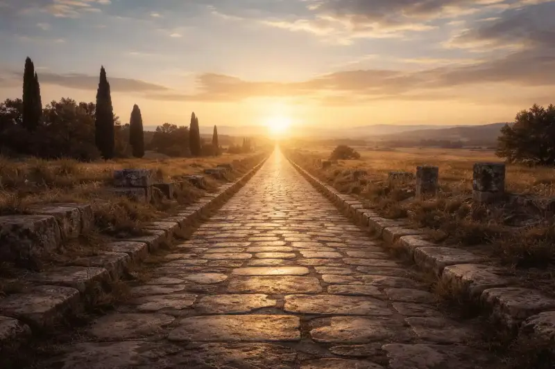 Route antique baignée de lumière au lever du soleil, symbolisant le chemin de grâce dans la lettre de Saint Paul aux Romains