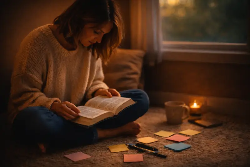 Personne lisant la Bible et prenant des notes dans un moment de réflexion calme