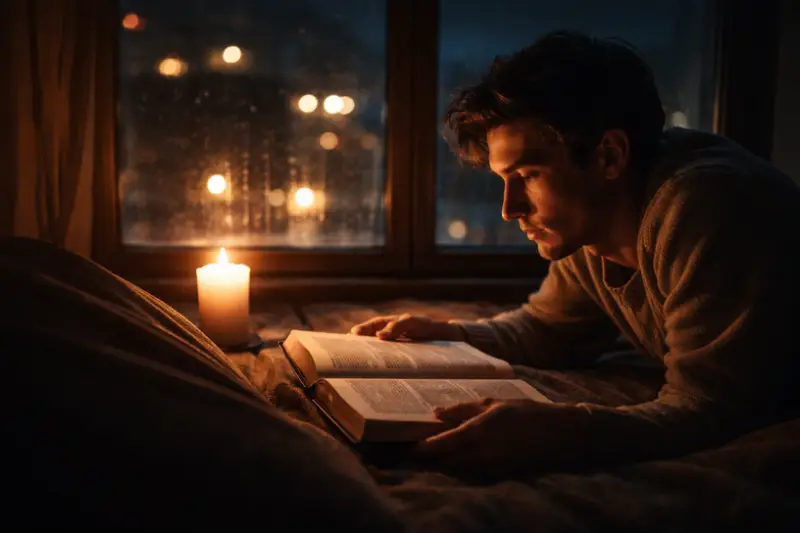 Personne lisant la Bible dans un moment de doute et de réflexion à la lumière d’une bougie
