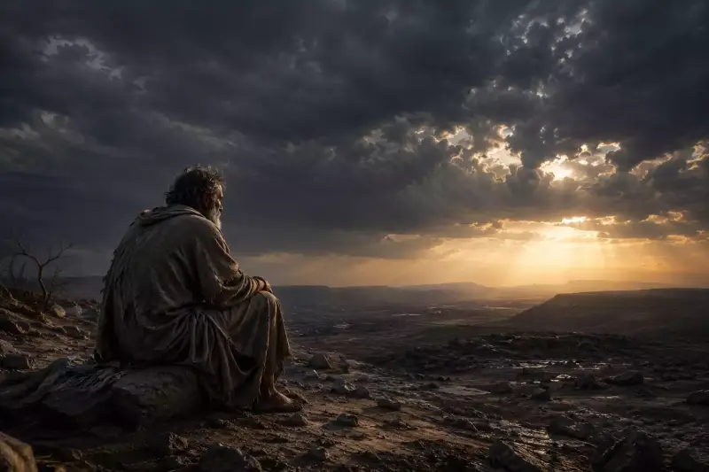 Job assis seul dans un paysage désertique après la tempête sous un ciel immense, symbole de la souffrance, de la foi et du mystère de Dieu dans le Livre de Job.