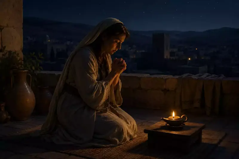 Judith en prière de nuit sur une terrasse avec une lampe à huile dans une ville de l’Ancien Testament, symbole de foi, de courage et de confiance en Dieu dans le Livre de Judith.