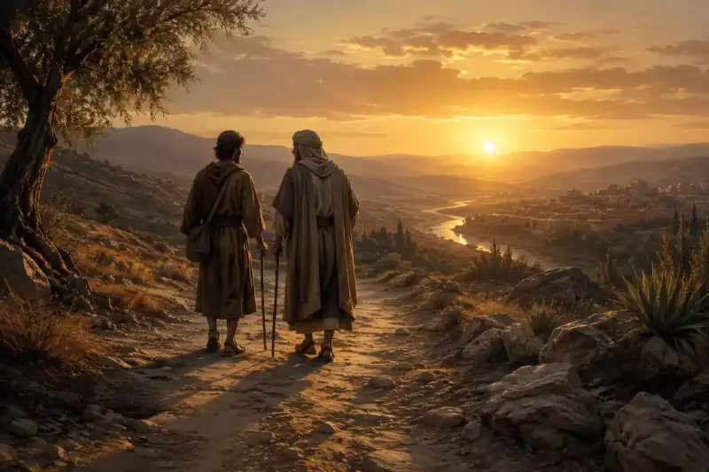 Tobie et l’ange Raphaël marchant sur une route au coucher du soleil dans un paysage de l’Ancien Testament, symbole du voyage, de la foi et de l’accompagnement de Dieu dans le Livre de Tobie.