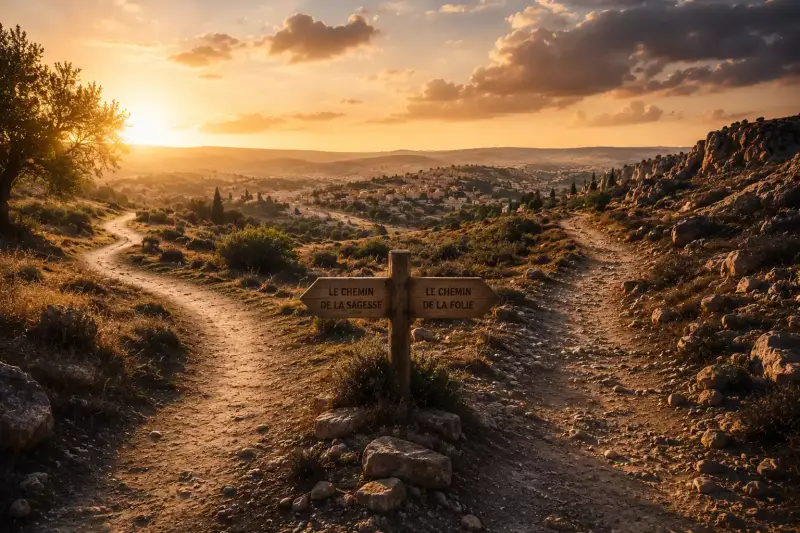Chemin ancien se divisant en deux directions dans un paysage biblique au lever du jour, image symbolique des choix entre sagesse et folie dans le Livre des Proverbes.